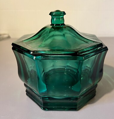 #ad Vintage Teal Green Indiana Glass Candy Jar Dish Covered Octagon $14.00