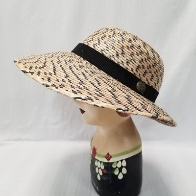 #ad TIDA Austin TX Womens Straw Sun Hat Brimmed Black Natural Elastic Inside Band^ $7.79