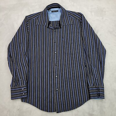 #ad 7 Diamonds Shirt Men Large Black Blue Cotton Stripe Button Dress Casual Adult 56 $11.38