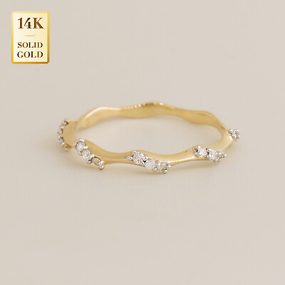 #ad 14K REAL Solid Gold Diamond Wavy Wedding Engagement Layering Band Ring $293.95