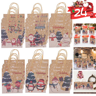 24PCS Christmas Holiday Kraft Paper Goody Bags w Handles Xmas Goodie Gift Bag $12.98