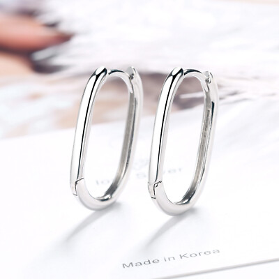 #ad Womens U Hoop Huggie Earrings 925 Sterling Silver Oval Earrings Jewelry 2 Color $7.55
