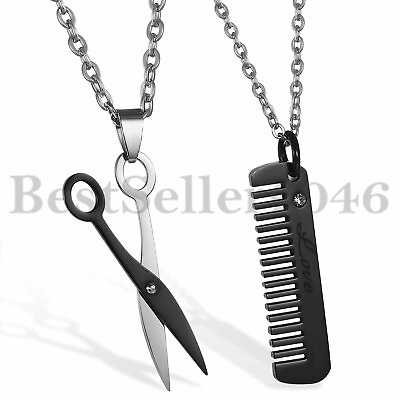 #ad Couple Necklace Set for His and Hers with Salon Hair Scissors Comb Charm Pendant $9.99
