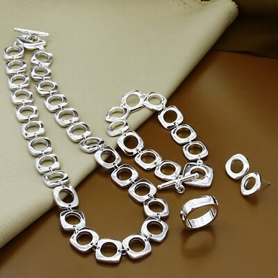 #ad 925 Sterling Silver Square Rings Necklace Bracelet Earrings Women Jewelry Sets $14.99