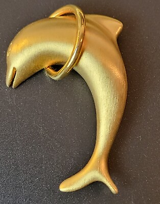 #ad Polished Gold Tone Dolphin Jumping Through Hoop Brooch Pin Marine Aquatic EUC $12.99