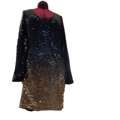 #ad Sequin blue gold ombre long sleeve v neck above knee dress—great Party Bling $22.99