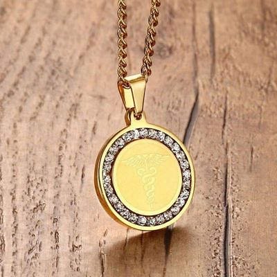 #ad Gold Medical Alert ID Tag Necklace Pendant Crystal Stainless Steel Free Shipping $8.99