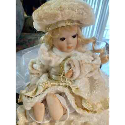 #ad Porcelain Doll Moving Motion White Gold Sparkle Dress Music Box $30.00