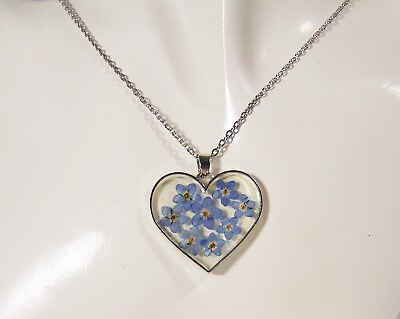 #ad Dried Pressed Forget Me Not Flowers Necklace Heart Shape Pendant Silver Tone 18quot; $12.00