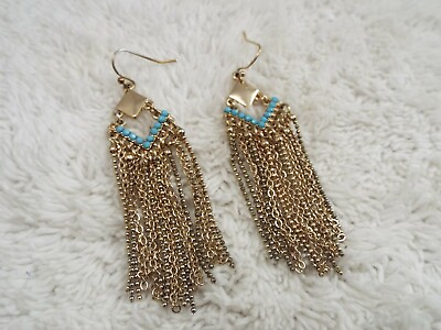 #ad Goldtone Blue Bead Fringe Pierced Earrings D49 $3.38