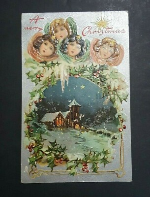 #ad A Merry Christmas Female Angels Snow Capped Church 1908 Tuck#x27;s Postcard $6.12