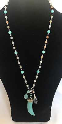 #ad Turquoise amp; Quartz Stone Necklace with Lg Turquoise Tooth Shaped Pendant 27quot; NOS $89.99