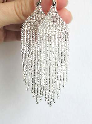 #ad Fashion Silver Bead Earrings Drop Dangle Earrings Fringe Women Jewelry Handmade $27.00