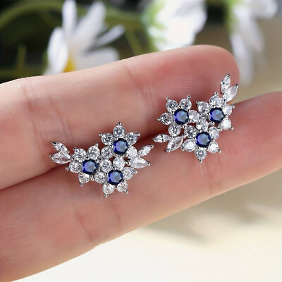 #ad 2.00Ct Lab Created Sapphire 14K White Gold Plated Round Cut Flower Stud Earrings $118.99