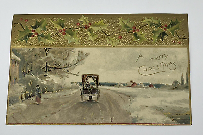 #ad c1908 A Merry Christmas Carriage Embossed Holiday Postcard Horse Drawn Wagon $5.95