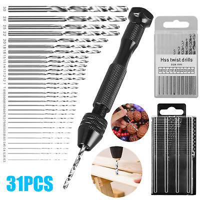 #ad 31PCS Precision Pin Vise Hobby Micro Drill Bits Mini Micro Hand Rotary Tools Set $10.48
