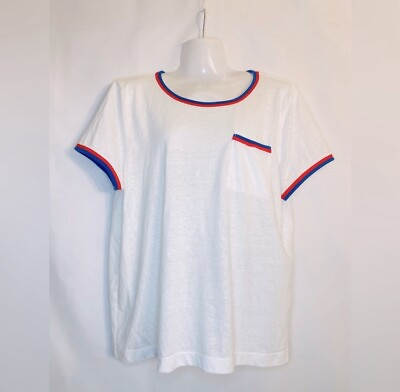 #ad J.Crew Blue Red Trim White Basic Ringer T shirt Women XL $20.00