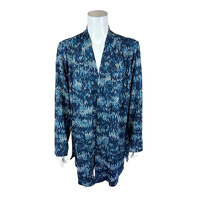 #ad Susan Graver Regular Printed Novelty Knit Open Front Cardigan Blue 1X Plus Size $79.99