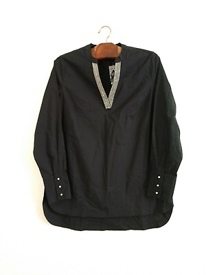 #ad NEW Soft Surroundings Shirt Top Black V Neck Silver Bead Trim Long Sleeve Small $16.49