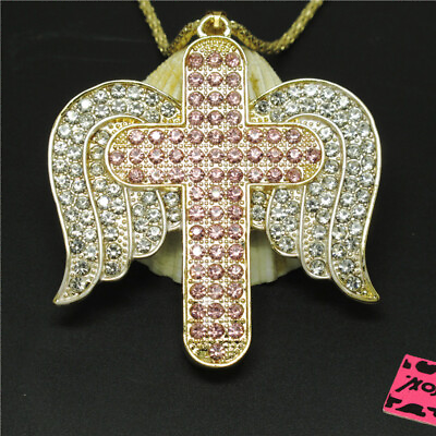 #ad New Holiday gifts Pink Bling Angel Wings Cross Crystal Pendant China Necklace $4.13