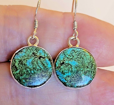 #ad New Artisan bezel set green blue Tibetan turquoise dangle earrings 1 3 8quot; long $38.00