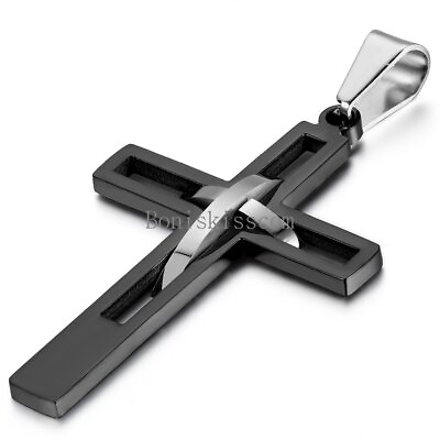 Men#x27;s Black Silver Double Hollow Cross Stainless Steel Pendant Necklace Gift $8.99