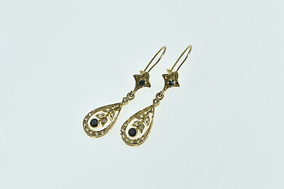 #ad 14K Victorian Diamond Sapphire Leaf Dangle Earrings Yellow Gold *31 $305.96