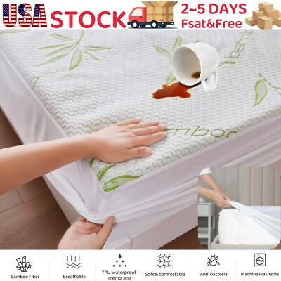 #ad Bamboo Mattress Protector Hypoallergenic amp; Breathable Waterproof Mattress Cover $21.69