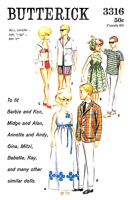 #ad Vintage 1960s Barbie amp; Ken Clothes Pattern Reproduction Butterick 3316 Uncut $7.95