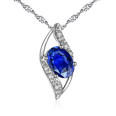 #ad 925 Sterling Silver 0.78 cttw Simulated Oval Blue Sapphire Necklace Pendant $31.29