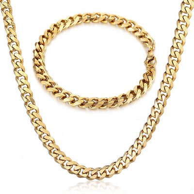 3MM Gold Plated Curb Cuban Chain Necklace Bracelet Jewelry Set Stainless Steel $9.99