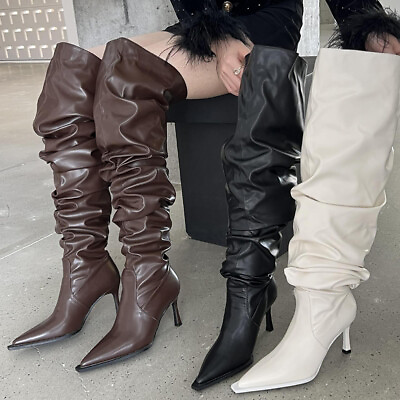 #ad Womens Slim Heels Knight Party Shoes Stiletto Pointy Toe Slouchy Over Knee Boots $72.68