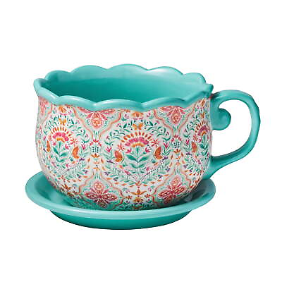 #ad Folk Geo 8 Inch Tea Cup Ceramic Planter Teal $19.84