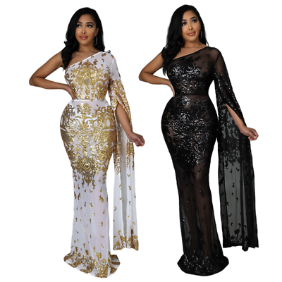 #ad Fashion Party Evening Dress Gown Women#x27;s One shoulder Sequins Mermaid Long Dress $30.34