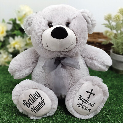 #ad Baptism Christening Personalised Teddy Bear 30cm Grey Gift from Godparent AU $55.00