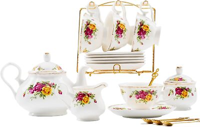 #ad 22 Pieces Porcelain Tea SetVintage Floral Tea Gift SetsCupsamp;SaucerService for 6 $66.38