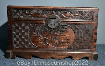 #ad 16quot; Old Chinese Huanghuali Wood Carved Horse Drawn Carriage Jewelry Storage Box $327.60