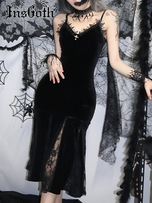 #ad Spaghetti Strap Backless Velvet Woman Long Dress Gothic Cross Black Lace $41.10