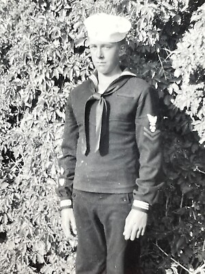 #ad CF Photograph Handsome US Navy Sailor Black Unifor Bush 1940s Serious Sad Draft $14.50