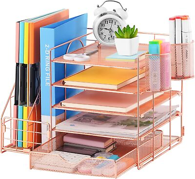 #ad Rose Gold Desk Organizer with File Holder 5 Tier Paper Letter Tray Organizer $37.99