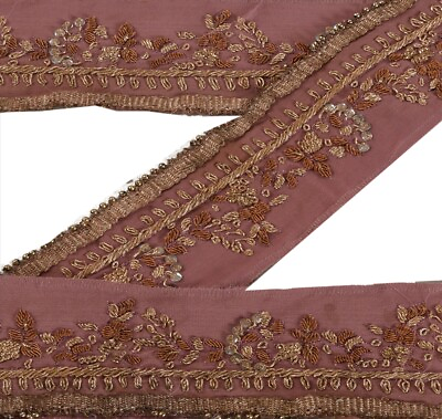 #ad Vintage Sari Border Antique Hand Beaded 1 YD Indian Trim Sewing Pink Decor Lace $8.75