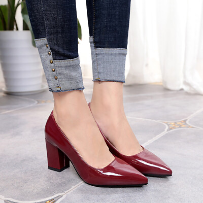 #ad Women Block Chunky High Heel Pointed Toe Heels Slip on Comfort Pumps Office $39.90
