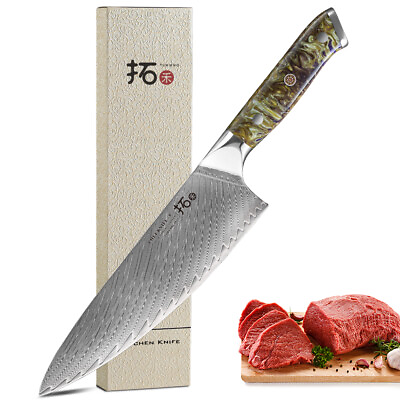 #ad TURWHO 8in Chef Knife Japan VG10 Damascus Steel Kitchen Knife Green Resin Handle $64.99