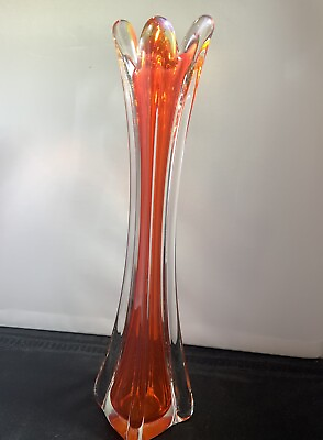 #ad MCM Orange Swung Glass Four Petal Vase With Cadmium 12” $35.00