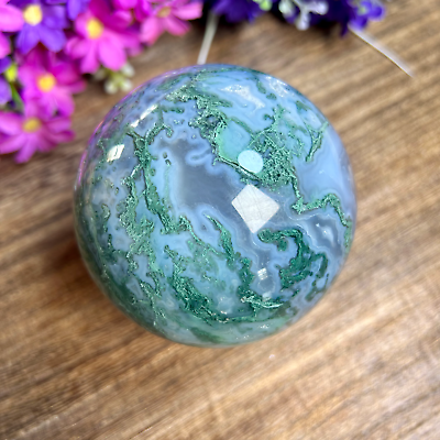 #ad 86mm Natural Polished Green Moss Agate Sphere Home Decor 905g 12th $73.00