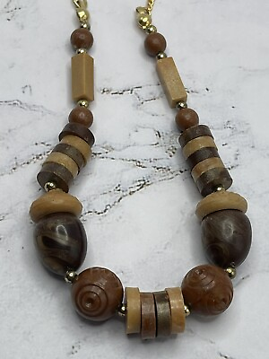 #ad Wooden Bead Necklace with gold chain 21quot; long Costume $7.65