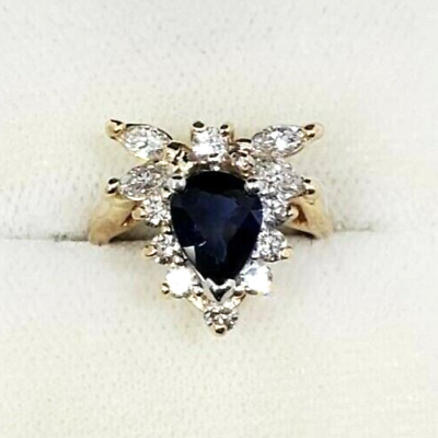 #ad 14K Yellow Gold Natural Diamond amp; Pear Shape Sapphire Ring FreeSizing MSRP $4250 $1250.00