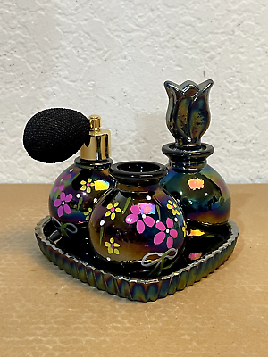 #ad Vintage 1950#x27;s Perfume Vanity Set Atomizer amp; two other jars Black Hand Painted $34.99