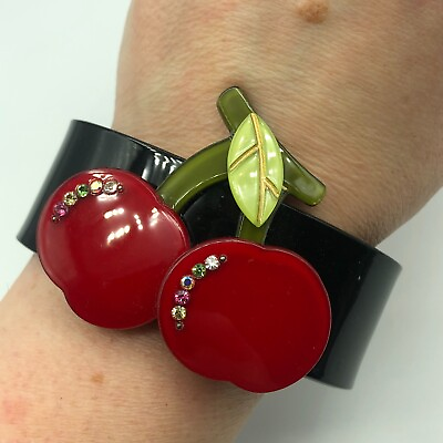 #ad Red Cherry Cuff Bangle Chunky Plastic Black amp; Sparkle Design Stacking Retro GBP 10.00