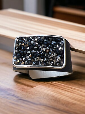 #ad Black Pebbled Leather Wrap Snap Bracelet w Rectangle Black Sparkly Centerpiece $6.75